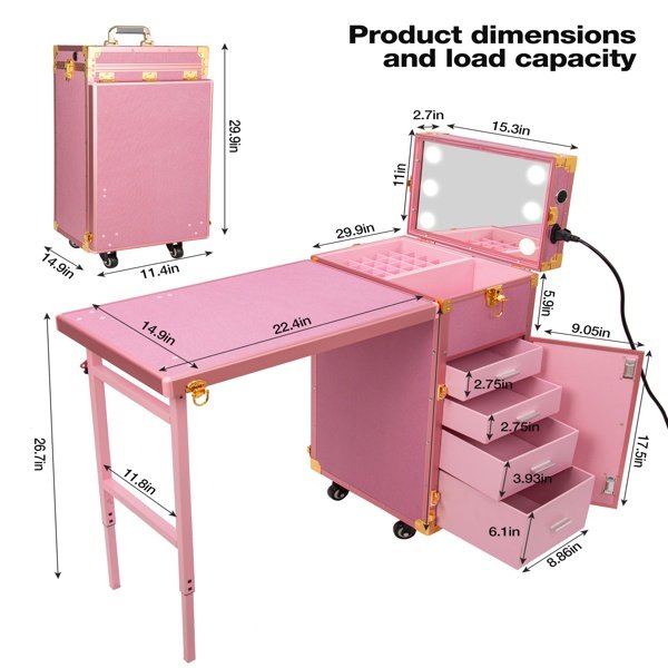 Portable Nail Table, Rolling Manicure Table W/3 Color Light And Speaker, Portable Nail Tech Desk, Foldable Nail Travel Case For Nail Tech W/Wheel, Colorful Pink