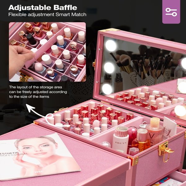 Portable Nail Table, Rolling Manicure Table W/3 Color Light And Speaker, Portable Nail Tech Desk, Foldable Nail Travel Case For Nail Tech W/Wheel, Colorful Pink