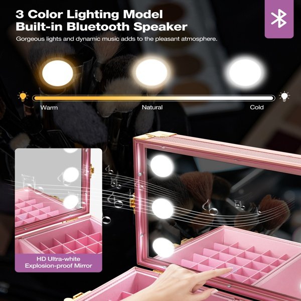 Portable Nail Table, Rolling Manicure Table W/3 Color Light And Speaker, Portable Nail Tech Desk, Foldable Nail Travel Case For Nail Tech W/Wheel, Colorful Pink