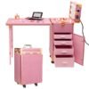 Portable Nail Table, Rolling Manicure Table W/3 Color Light And Speaker, Portable Nail Tech Desk, Foldable Nail Travel Case For Nail Tech W/Wheel, Colorful Pink