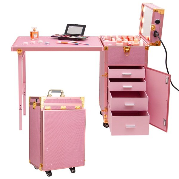 Portable Nail Table, Rolling Manicure Table W/3 Color Light And Speaker, Portable Nail Tech Desk, Foldable Nail Travel Case For Nail Tech W/Wheel, Colorful Pink